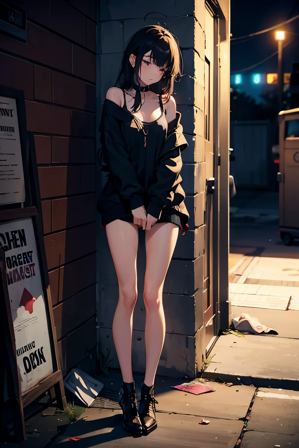 (((small breasts))), ((long legs)), ((mess in clothes)), ((breasts visible)) Drunk young whore in an empty alley. She is expensive, but poorly dressed and returns from a noisy party. But she is too drunk and fell asleep in a corner, among the garbage. Here, in the midst of garbage and darkness, trouble awaits her.