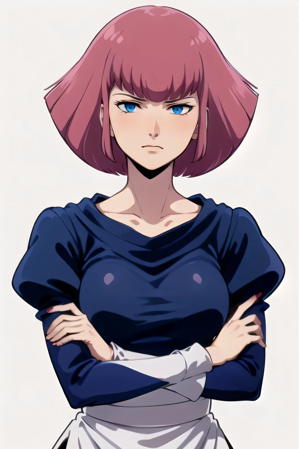 masterpiece, high quality, alone, Look Down, Low angle shot of Haman_Khan,1 female, Embarrassing, Pink Hair, short hair, Side Lock, bangs, eyebrow, blue eyes, clavicle, Maid clothes, Puff sleeves, Long sleeve, Juliet Sleeve, Upper Body, Are standing, (Arms crossed:1.2), Stylish pose, White Background, blush