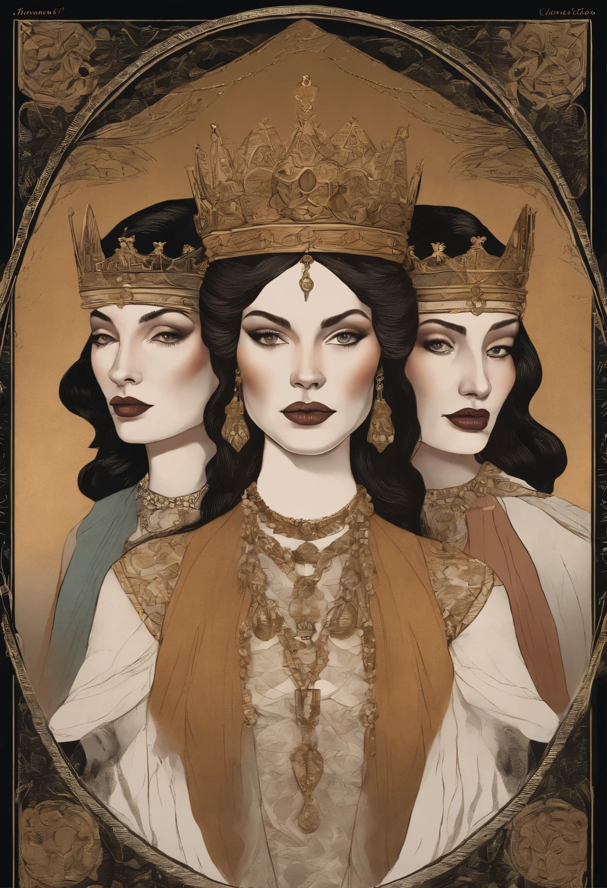 three queen,triad ,tarot card, chiaroscuro technique on sensual illustration of an three queen , vintage three queen, earthy eerie, matte painting, by Hannah Dale, by Harumi Hironaka, extremely soft colors, hint of gold vibrant, highly detailed, digital artwork, high contrast, dramatic, refined, tonal, highest quality,anatomy correct,ultra-wide-angle,depth of fields.three queen,triad