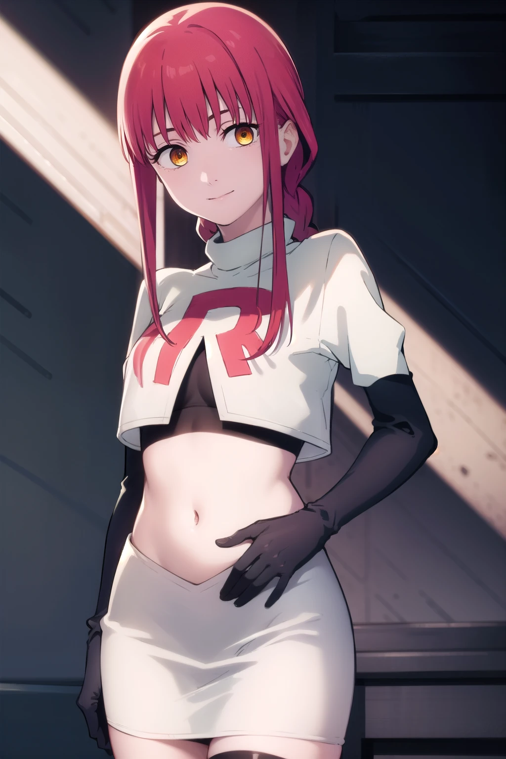makima, makima, long hair, smile, bangs, small breasts, (yellow eyes:1.2), braid, red hair, braided ponytail, ringed eyes,
BREAK team rocket,team rocket uniform,white skirt,red letter R,crop top,black thigh-highs,black elbow gloves,
BREAK looking at viewer,
BREAK (masterpiece:1.2), best quality, high resolution, unity 8k wallpaper, (illustration:0.8), (beautiful detailed eyes:1.6), extremely detailed face, perfect lighting, extremely detailed CG, (perfect hands, perfect anatomy),