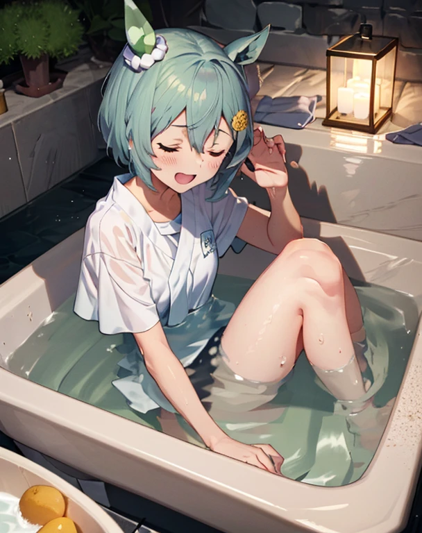 ((masutepiece)), ((Best Quality)), (Very detailed), Real from Thailand,8K,pixiv top quality,Potato, Public Woody Baths in Japan, Woody bathtub,Japan stone lantern, Japan liquor on the tray, (Girl wrapped in towel and soaking in bathtub), Seiun Sky (umamusume), Relax Smile, Closed eyes, Open mouth, Cute, Teenage, medium , kawaii, absurd details, Best Quality, Sound notes,