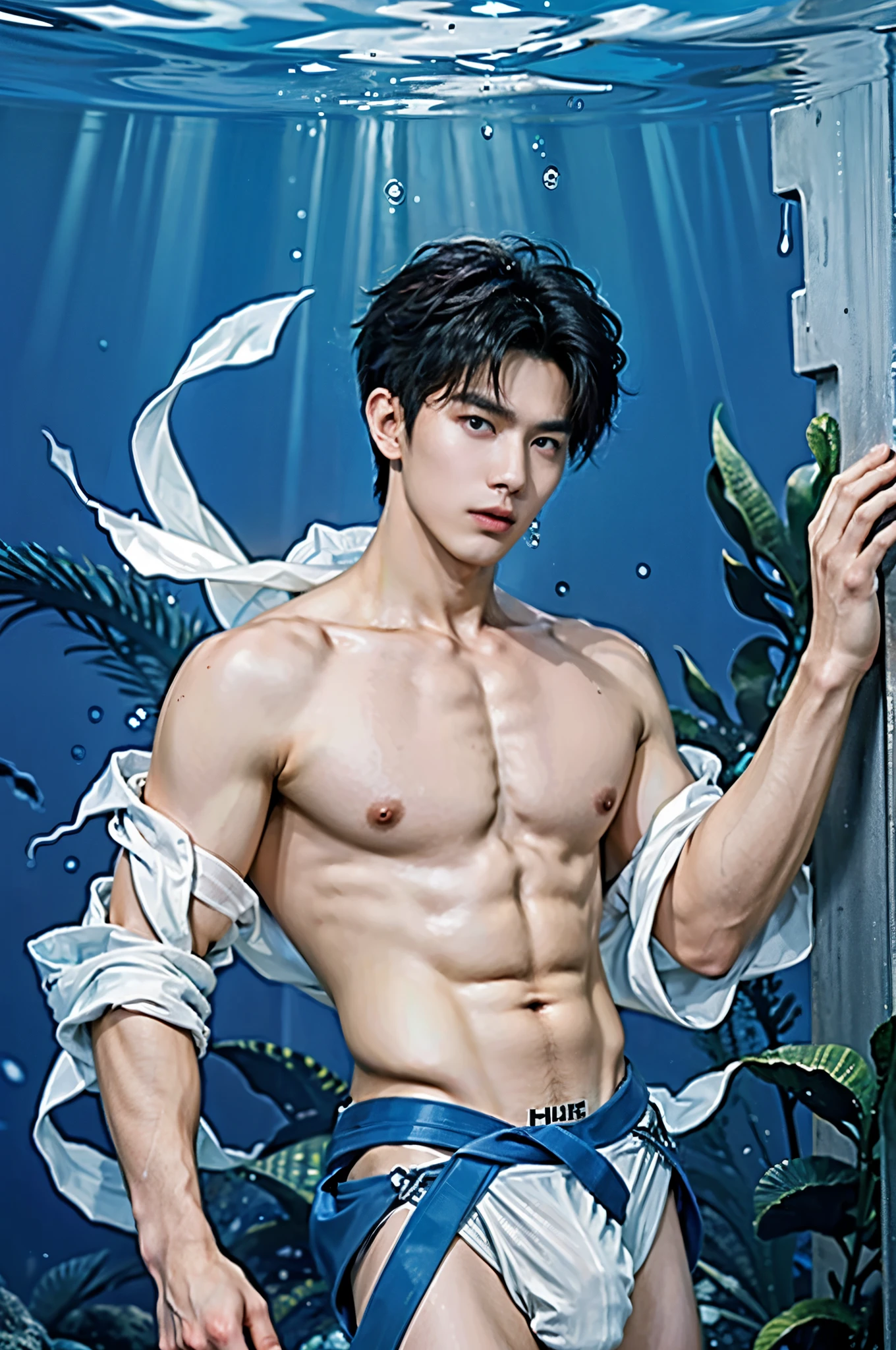 Drowning in the water, beautiful Photoshoot, aesthetic photography, boy in the underwater with totally Naked just WEaring white loincloth, blue water, drowning, bubbles, inspired by Yanjun Cheng, cai xukun, yanjun chengt, inspired by jeonseok lee, inspired by Russell Dongjun Lu, by Yanjun Cheng, inspired by Yeong-Hao Han, by Russell Dongjun Lu, sun-hyuk kim, inspired by Kim Hwan-gi