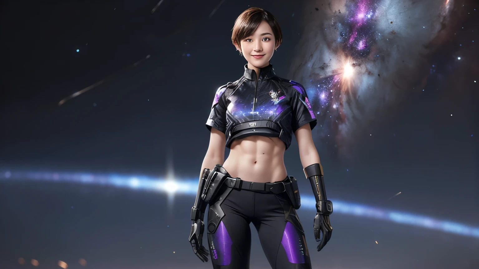 214 Short Hair, 20-year-old woman, A kind smile, Floral, Futuristic clothing, machinery suit, ((Clothes that show abs、Clothes with short sleeves)), (The background is a galaxy and nebula)