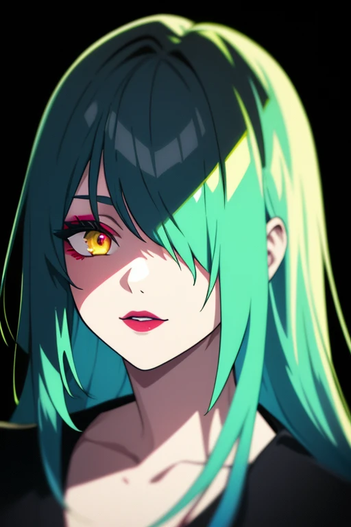 portrait of a girl, hair over one eye, 1girl, bangs, toxic green hair, long hair, shining yellow eyes, vneck, (neon colors), neon hair, red eye shadow, tele view, hard lighting, black background, highly detailed, masterpiece, by tanya shatseva, dark, psychopathic, gloomy