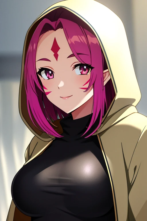 ((best quality)),((highly detailed)),masterpiece,absurdres,detailed face,beautiful face,(detailed eyes, deep eyes),1girl,((dynamic pose)) Wolbach, pink hair, solo, breasts, looking at viewer, facial mark, short hair, smile, forehead mark, multicolored eyes, large breasts, closed mouth, upper body, fire, hood, pointy ears, bodysuit, hood down, bangs, jacket, armor, blurry, medium hair, light smile, backlighting, high collar, forehead jewel, coat, parted bangs