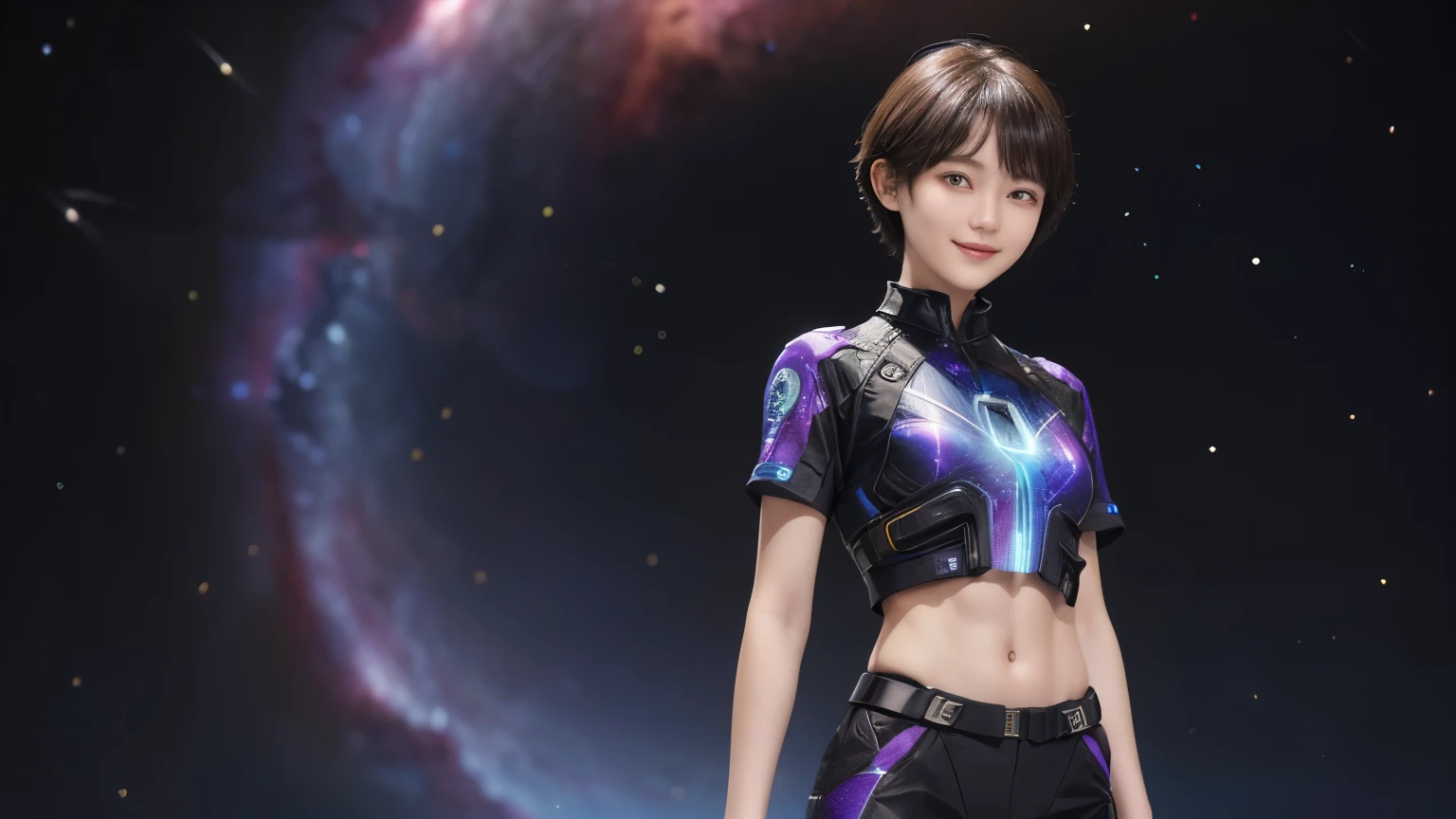 214 Short Hair, 20-year-old woman, A kind smile, Floral, Futuristic clothing, machinery suit, ((Clothes that show abs、Clothes with short sleeves)), (The background is a galaxy and nebula)