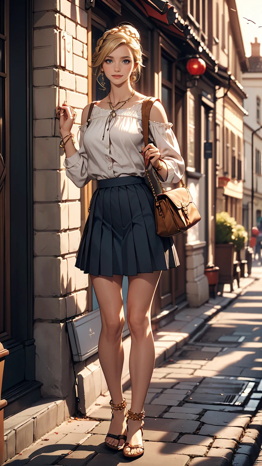 ((最high quality, 8K, masterpiece: 1.3, Ultra HD, high quality, 最high quality, High resolution, realism)) 、A 22-year-old extremely beautiful white woman、Hair color blonde、blue eyeedium Hair、Straight Hair、smile、Slender but well-proportioned body、Background blur((depth of field))、aerial perspective((atmospheric perspective))、I want my head to stay off screen、Wearing accessories on the wrist、Put an anklet on your ankle、Wearing red nail polish、I have a peticure、French style braid((french braid))、Wear a high-neck top、Drawstring sleeves and shoulders((drawstring shoulder))、Pleated Skirt((pleats skirt))wear、ローヒールをwear、Carry a handbag over one's shoulder、Cross one's arms、Leaning against the wall of a brick building in the old town、The ground is paved with stone