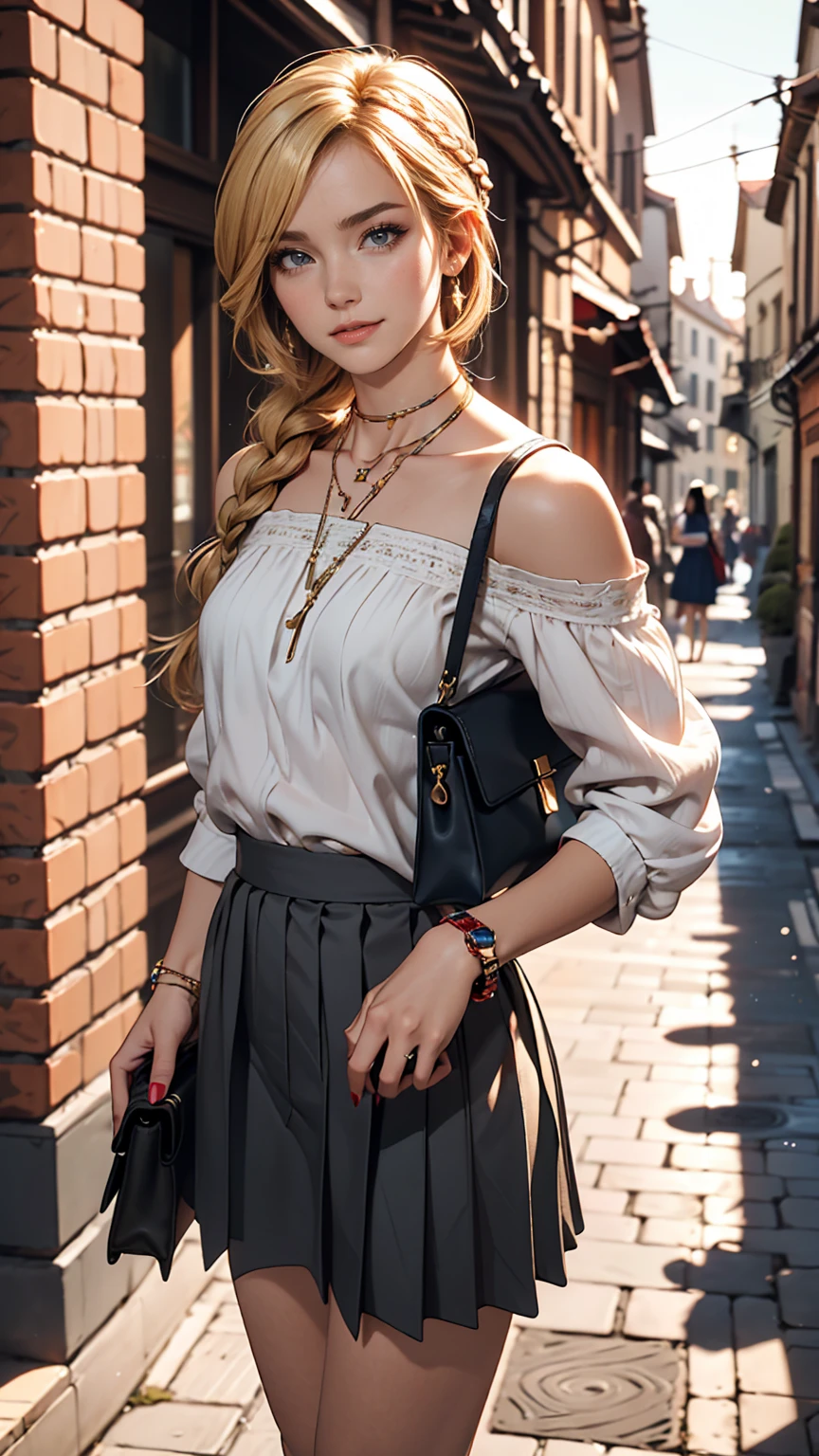 ((最high quality, 8K, masterpiece: 1.3, Ultra HD, high quality, 最high quality, High resolution, realism)) 、A 22-year-old extremely beautiful white woman、Hair color blonde、blue eyeedium Hair、Straight Hair、smile、Slender but well-proportioned body、Background blur((depth of field))、aerial perspective((atmospheric perspective))、I want my head to stay off screen、Wearing accessories on the wrist、Put an anklet on your ankle、Wearing red nail polish、I have a peticure、French style braid((french braid))、Wear a high-neck top、Drawstring sleeves and shoulders((drawstring shoulder))、Pleated Skirt((pleats skirt))wear、ローヒールをwear、Carry a handbag over one's shoulder、Cross one's arms、Leaning against the wall of a brick building in the old town、The ground is paved with stone