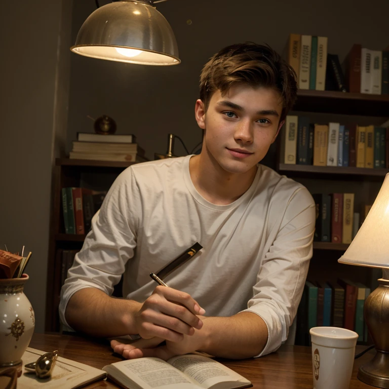 (best quality),(18 years old), (single handsome guy),(study at a table),(under study lamp), lots of book)