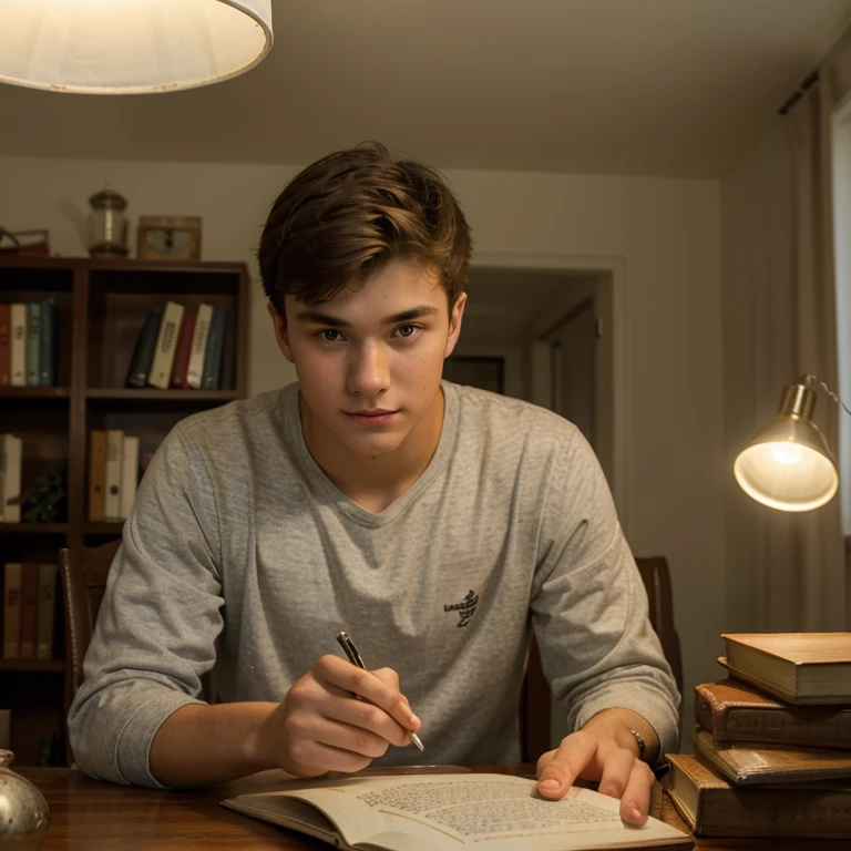 (best quality),(18 years old), (single handsome guy),(study at a table),(under study lamp), lots of book)