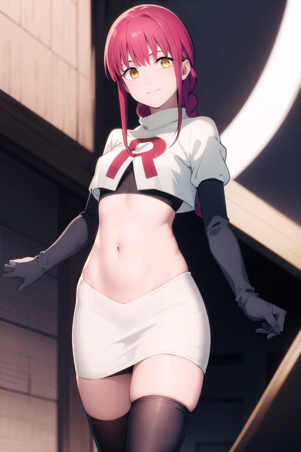 makima, makima, long hair, smile, bangs, small breasts, (yellow eyes:1.2), braid, red hair, braided ponytail, ringed eyes, 
BREAK team rocket,team rocket uniform,white skirt,red letter R,crop top,black thigh-highs,black elbow gloves,
BREAK looking at viewer,
BREAK (masterpiece:1.2), best quality, high resolution, unity 8k wallpaper, (illustration:0.8), (beautiful detailed eyes:1.6), extremely detailed face, perfect lighting, extremely detailed CG, (perfect hands, perfect anatomy),