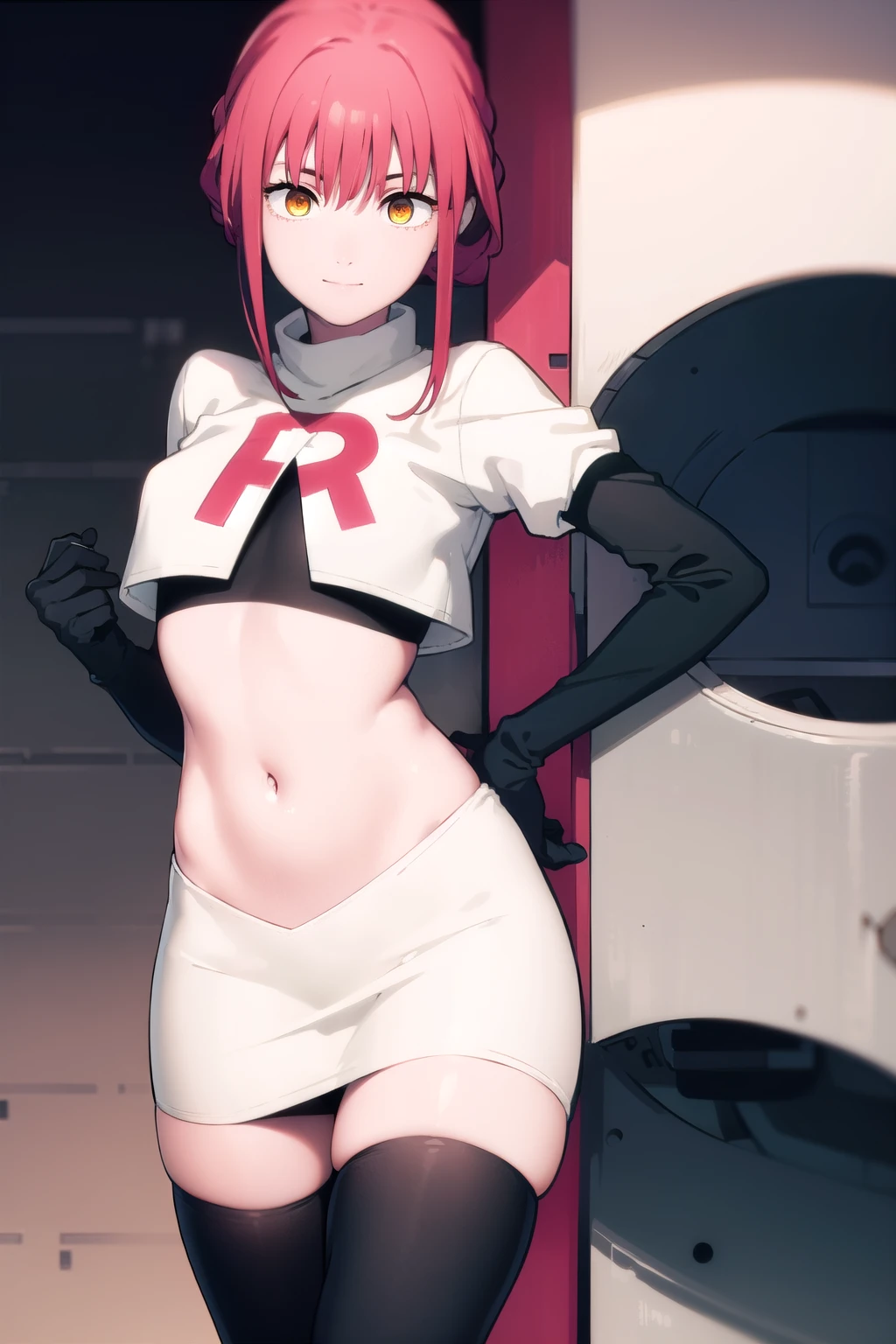 makima, makima, long hair, smile, bangs, small breasts, (yellow eyes:1.2), braid, red hair, braided ponytail, ringed eyes,
BREAK team rocket,team rocket uniform,white skirt,red letter R,crop top,black thigh-highs,black elbow gloves,
BREAK looking at viewer,
BREAK (masterpiece:1.2), best quality, high resolution, unity 8k wallpaper, (illustration:0.8), (beautiful detailed eyes:1.6), extremely detailed face, perfect lighting, extremely detailed CG, (perfect hands, perfect anatomy),