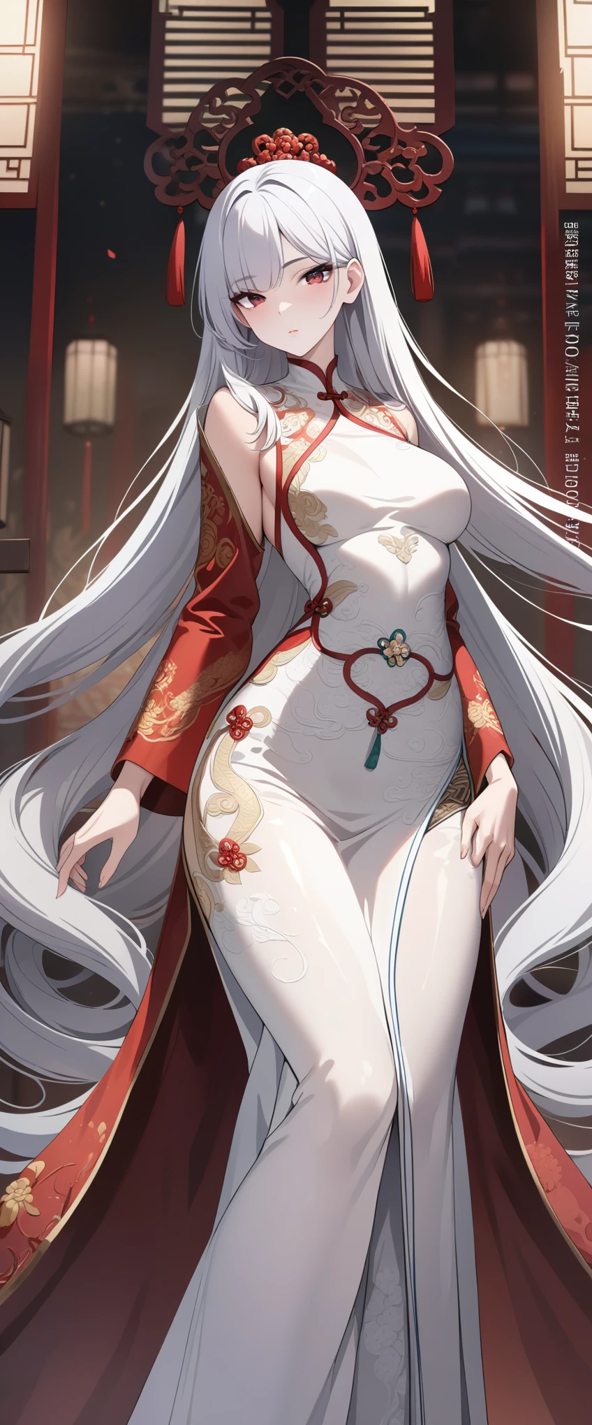 unparalleled masterpiece, ultra realistic 8k CG, perfect artwork, ((perfect female figure)), white hair, red eyes, mature female, milf, narrow waist, chinese deity, looking at viewer, seductive posture, sexy pose, alluring, clean, beautiful face, pure face, pale skin, absurdly long hair, shiny skin, skindentation,delicate pattern, intricate detail, (rich:1.4), (extremely detailed 8K chinese long embroidery silkrobe and silk long clothes and dress:1.2),slim body