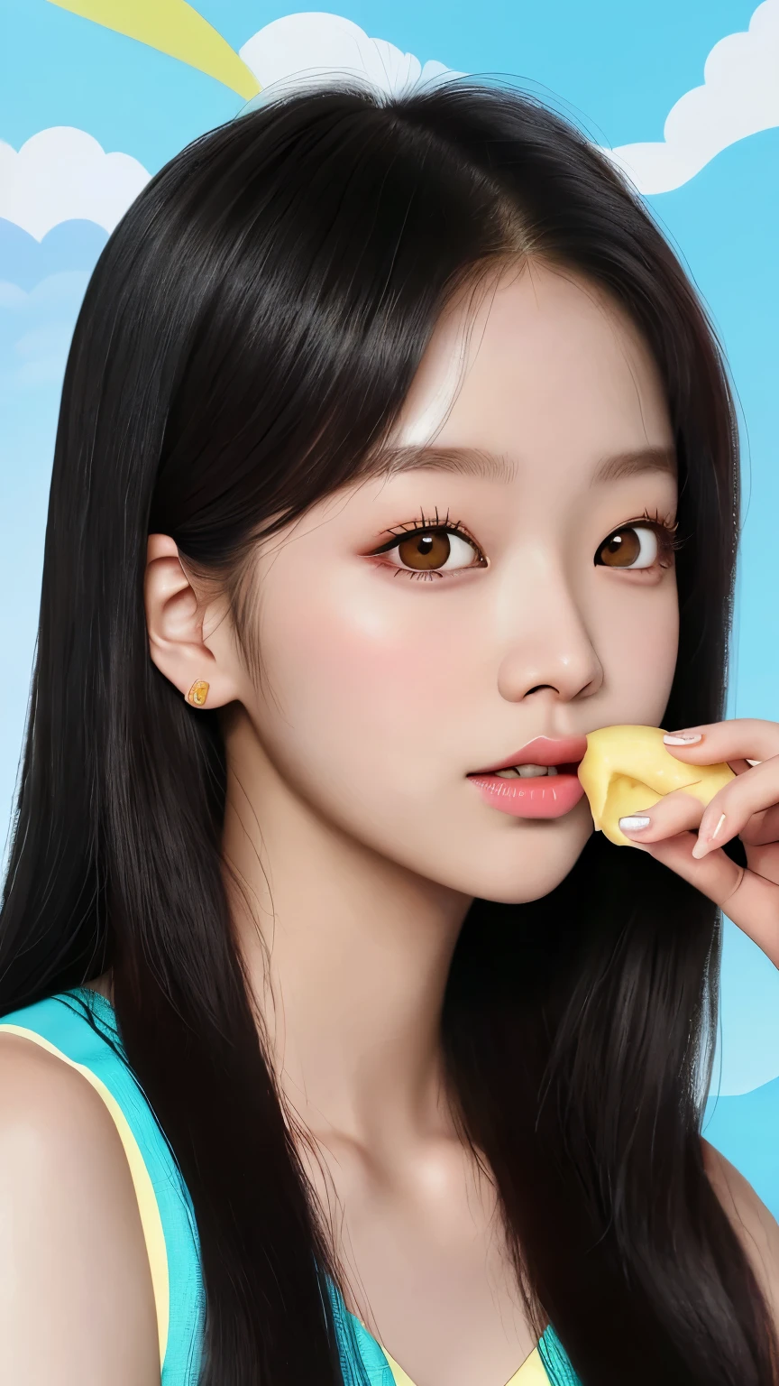 There is a woman eating a banana., Larisa Manovar, Official Artwork, Portraits of Korean female idols, Lalisa Manoban of Blackpink, sun yunjoo, Official Art, Kim Do-young, Official Fan Art, Portrait of Black Pink's Joshi, TWICE's Tzuyu, K-POPアイドルのポートレート