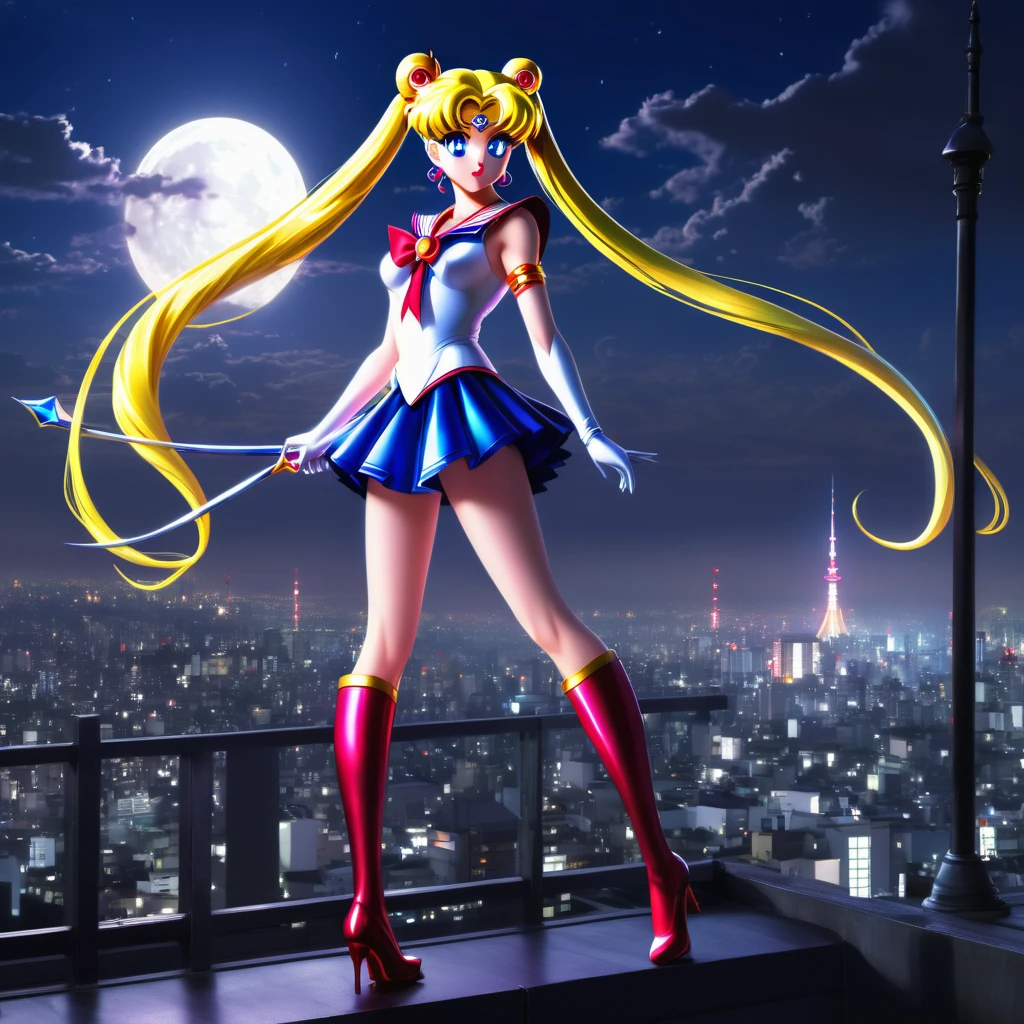 (best quality,4k,8k,highres,masterpiece:1.2),ultra-detailed,(realistic,photorealistic,photo-realistic:1.37),Sailor Moon in her magical form,standing on her rooftop,watching a shadow monster descend upon Tokyo,her magic tingling,night time,shimmering moonlight,glowing city lights,sparkling stars,magical transformation,effortlessly graceful movements,majestic rooftop garden,flowing hair,mystical wand with a crescent moon,beautifully detailed eyes,shimmering dress with pastel colors,playful ribbons floating in the wind,curved rooftops of traditional Japanese buildings,majestic skyscrapers in the background,energetic and dynamic scene,cityscape with modern architecture and neon signs,expressive and determined face,relevant anime style,serene and otherworldly atmosphere,vibrant and vibrant colors.