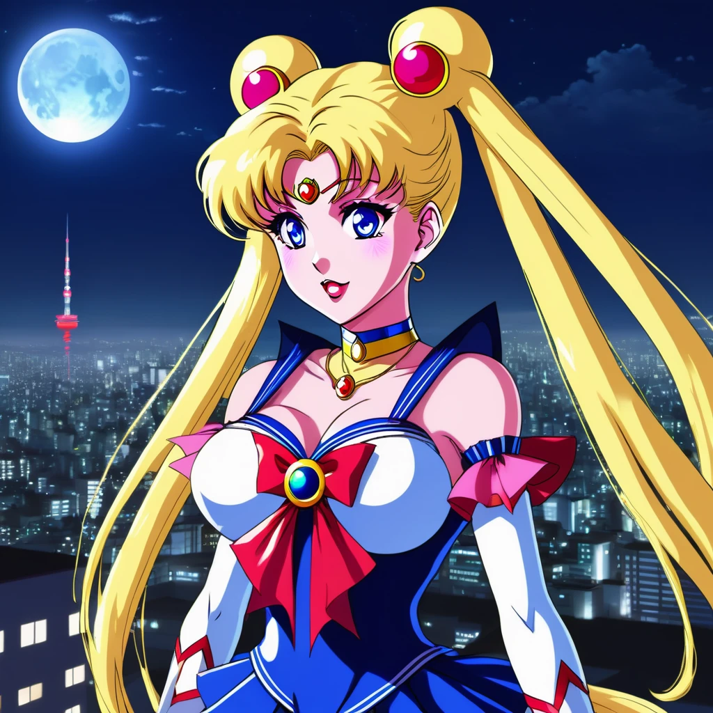 (best quality,4k,8k,highres,masterpiece:1.2),ultra-detailed,(realistic,photorealistic,photo-realistic:1.37),Sailor Moon in her magical form,standing on her rooftop,watching a shadow monster descend upon Tokyo,her magic tingling,night time,shimmering moonlight,glowing city lights,sparkling stars,magical transformation,effortlessly graceful movements,majestic rooftop garden,flowing hair,mystical wand with a crescent moon,beautifully detailed eyes,shimmering dress with pastel colors,playful ribbons floating in the wind,curved rooftops of traditional Japanese buildings,majestic skyscrapers in the background,energetic and dynamic scene,cityscape with modern architecture and neon signs,expressive and determined face,relevant anime style,serene and otherworldly atmosphere,vibrant and vibrant colors.