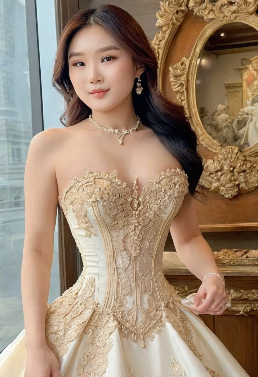 (best high quality:1.2), Work of art, 8k, extremely detailed, (High detail:1.2), ((perfect anatomy in hands)), (Hotlexi woman), Solo, 24 year old Asian female, ((dress strapless)),