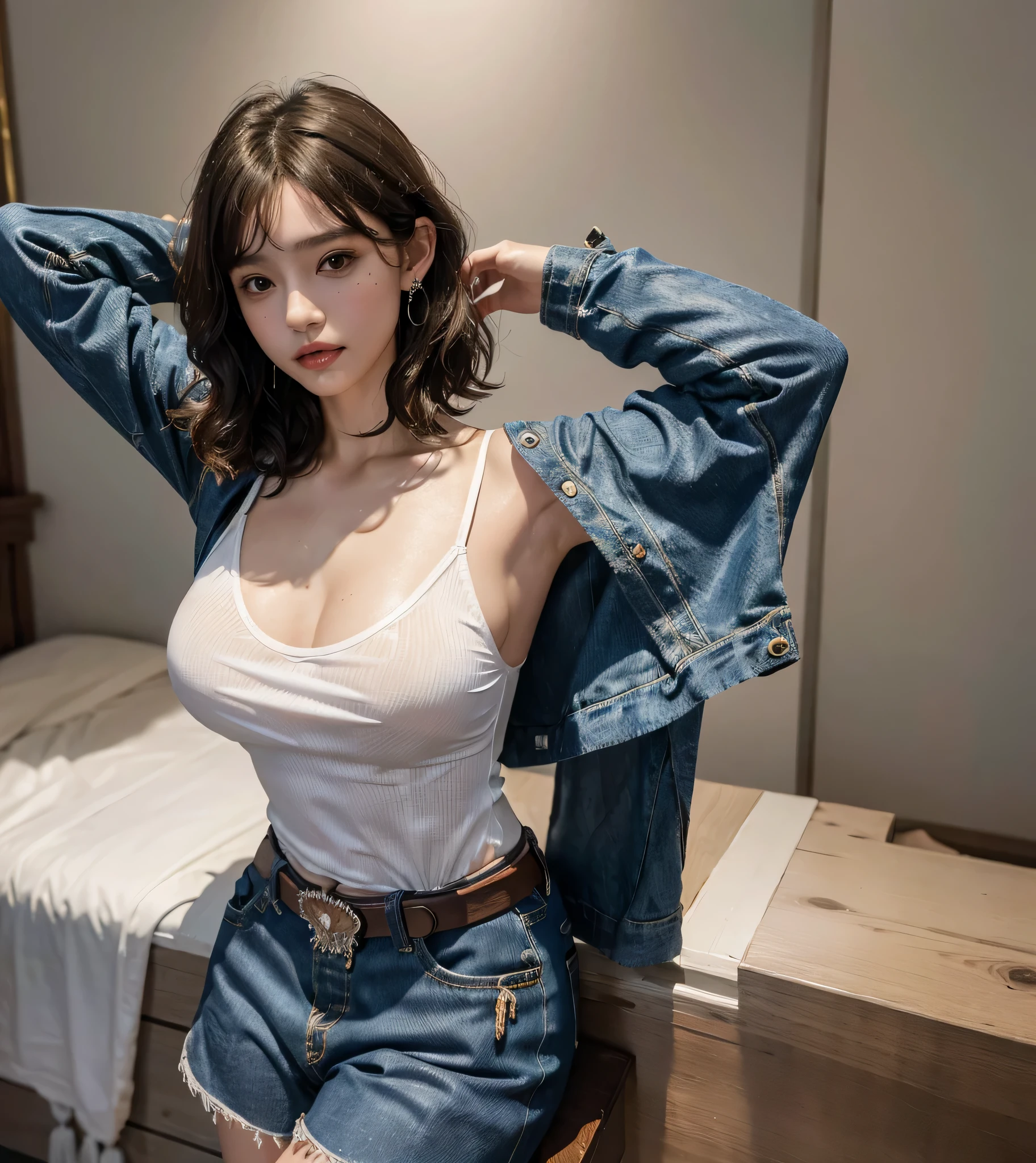 absurdres, RAW photo, extremely delicate and beautiful, masterpiece, Best Quality, ultra high resolution, 32k, hyperrealistic, ultra-detailed, perfect anatomy, perfect figure, super Detailed skin, 30 years old, very Slim body, narrow waist, very small head, very small face, delicate facial features, tearful mole, earring, thin legs, (very huge round breasts:1.2), (full body shot), short medium hair, (wavy hair:1.2), wet clothes, (cowgirl outfit:1.5), holster,