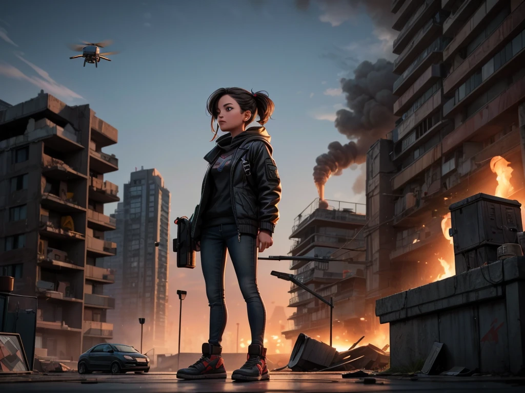 A girl standing on a roof, staring in terror at the drone bombing the streets
materiel: highly-detailed illustration, realistic rendering
additional details: detailed cityscape, crumbling buildings, smoke and debris, scary embellished drone
image quality: (best quality: 1.2), ultra-detailed, photorealistic, HDR, vivid colors, bokeh
art style: concept art, horror, sci-fi
color tone: dark and ominous
lighting: dramatic lighting with strong shadows.