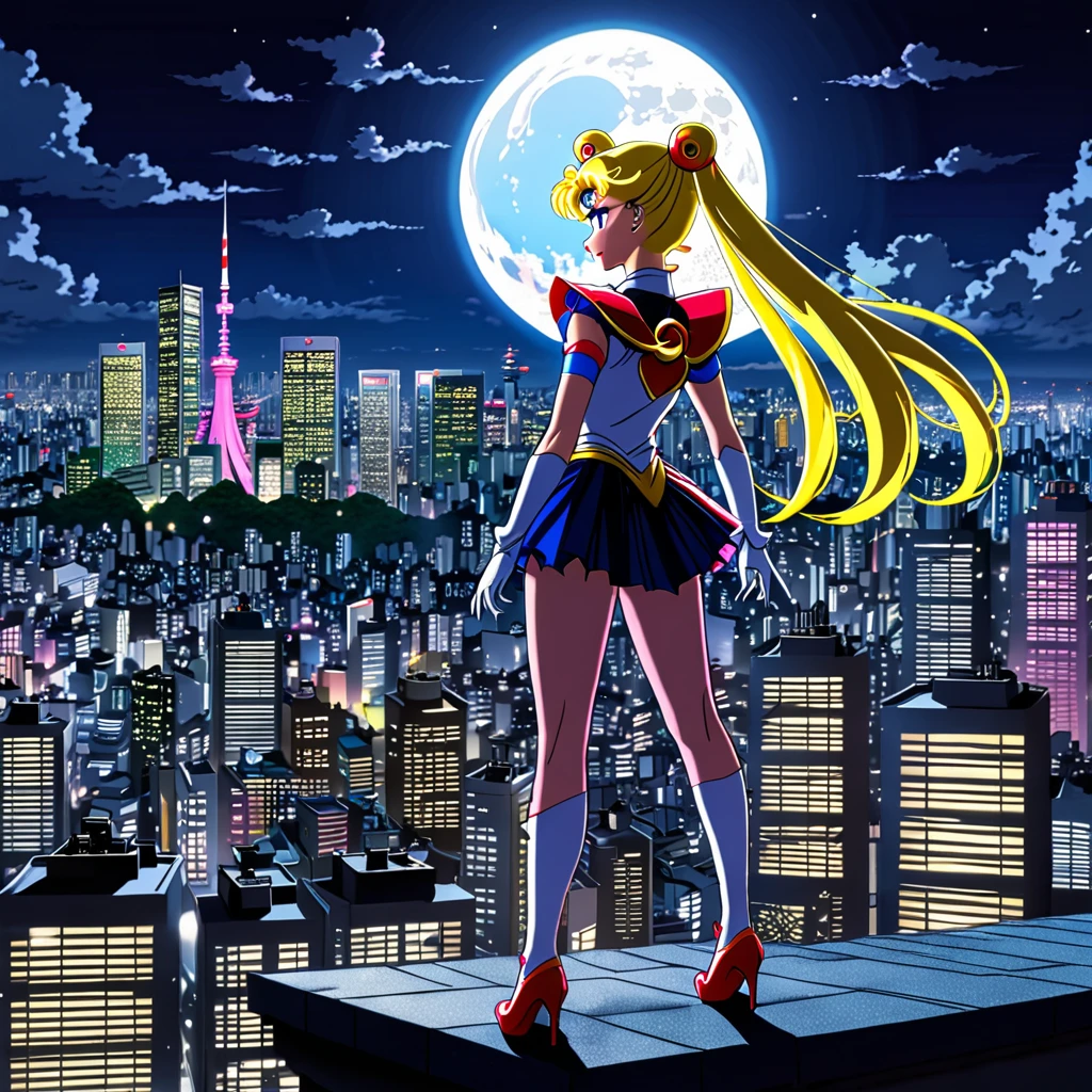 (best quality,4k,8k,highres,masterpiece:1.2),ultra-detailed,(realistic,photorealistic,photo-realistic:1.37),Sailor Moon in her magical form,standing on her rooftop,watching a shadow monster descend upon Tokyo,her magic tingling,night time,shimmering moonlight,glowing city lights,sparkling stars,magical transformation,effortlessly graceful movements,majestic rooftop garden,flowing hair,mystical wand with a crescent moon,beautifully detailed eyes,shimmering dress with pastel colors,playful ribbons floating in the wind,curved rooftops of traditional Japanese buildings,majestic skyscrapers in the background,energetic and dynamic scene,cityscape with modern architecture and neon signs,expressive and determined face,relevant anime style,serene and otherworldly atmosphere,vibrant and vibrant colors.