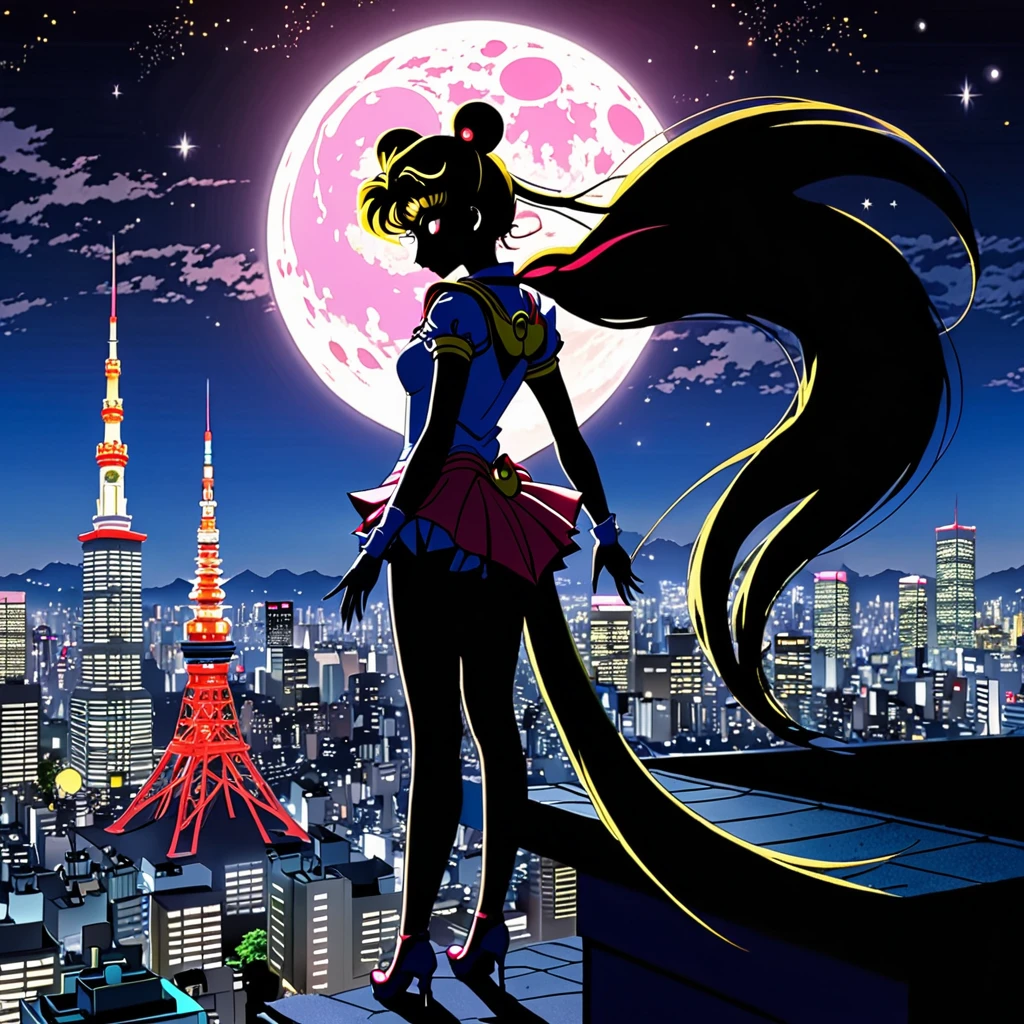 (best quality,4k,8k,highres,masterpiece:1.2),ultra-detailed,(realistic,photorealistic,photo-realistic:1.37),Sailor Moon in her magical form,standing on her rooftop,watching a shadow monster descend upon Tokyo,her magic tingling,night time,shimmering moonlight,glowing city lights,sparkling stars,magical transformation,effortlessly graceful movements,majestic rooftop garden,flowing hair,mystical wand with a crescent moon,beautifully detailed eyes,shimmering dress with pastel colors,playful ribbons floating in the wind,curved rooftops of traditional Japanese buildings,majestic skyscrapers in the background,energetic and dynamic scene,cityscape with modern architecture and neon signs,expressive and determined face,relevant anime style,serene and otherworldly atmosphere,vibrant and vibrant colors.