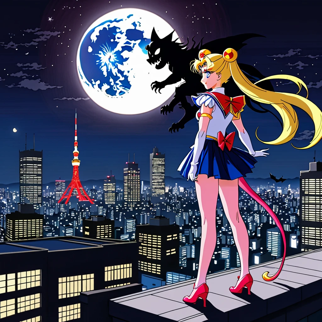 (best quality,4k,8k,highres,masterpiece:1.2),ultra-detailed,(realistic,photorealistic,photo-realistic:1.37),Sailor Moon in her magical form,standing on her rooftop,watching a shadow monster descend upon Tokyo,her magic tingling,night time,shimmering moonlight,glowing city lights,sparkling stars,magical transformation,effortlessly graceful movements,majestic rooftop garden,flowing hair,mystical wand with a crescent moon,beautifully detailed eyes,shimmering dress with pastel colors,playful ribbons floating in the wind,curved rooftops of traditional Japanese buildings,majestic skyscrapers in the background,energetic and dynamic scene,cityscape with modern architecture and neon signs,expressive and determined face,relevant anime style,serene and otherworldly atmosphere,vibrant and vibrant colors.