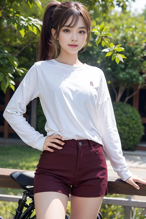 cute japanese college student、21 years old、Super detailed face、Attention to detail、double eyelid、Beautiful thin nose、Sharp focus:1.2、Beautiful woman:1.4、(Maroon brown hair、Short Hair)、(Detailed facial features)、Brunette eyes、natural bangs、White skin、highest quality、masterpiece、超A high resolution、(Photorealistic:1.4)、Highly detailed and professionally lit smile、looking at the camera、Medium Bob Hair、Bright lighting、Professional Lighting、Smooth lighting、One person is standing、(Cool long sleeve cycling jersey), (Black belly shorts)、(Outdoor)、Vast wilderness