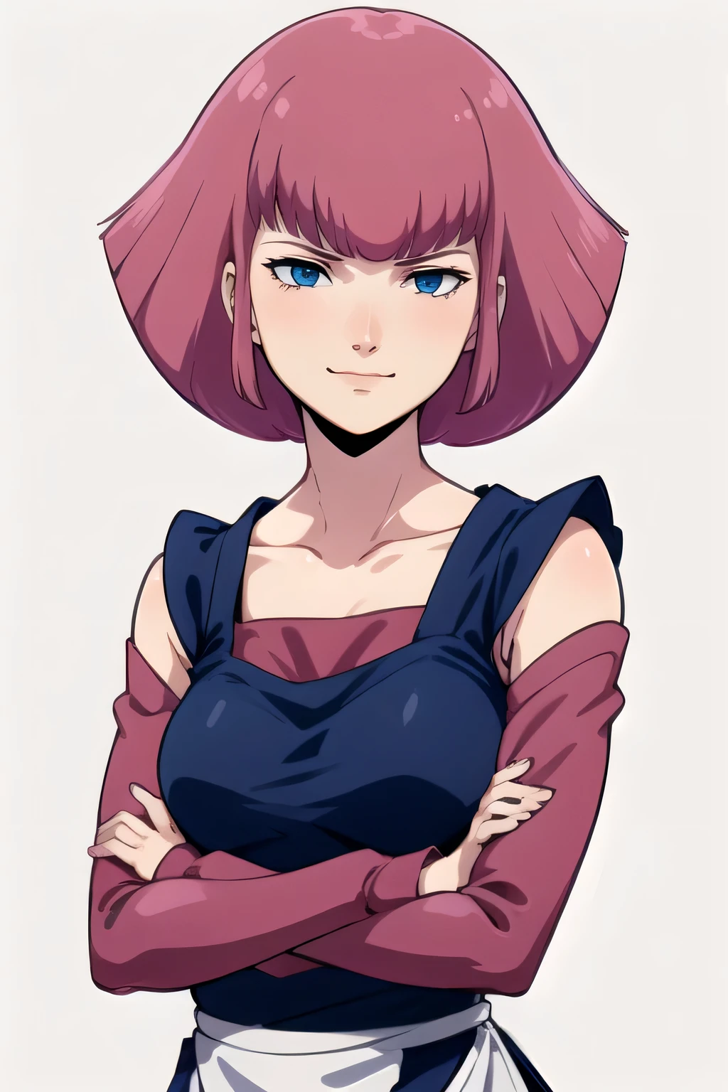 masterpiece, high quality, alone, Look Down, Low angle shot of Haman_Khan,1 female, Embarrassing, Pink Hair, short hair, Side Lock, bangs, eyebrow, blue eyes, clavicle, Maid clothes, Kind eyes, Long sleeve, A kind smile, Upper Body, Are standing, (Arms crossed:1.2), Stylish pose, White Background, blush