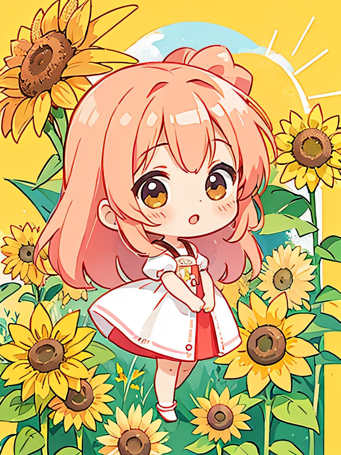 Momoko Sakura style, Kawaii Design, most beautiful girl ever、Chibi, (((many friends)))、sunflower、sun