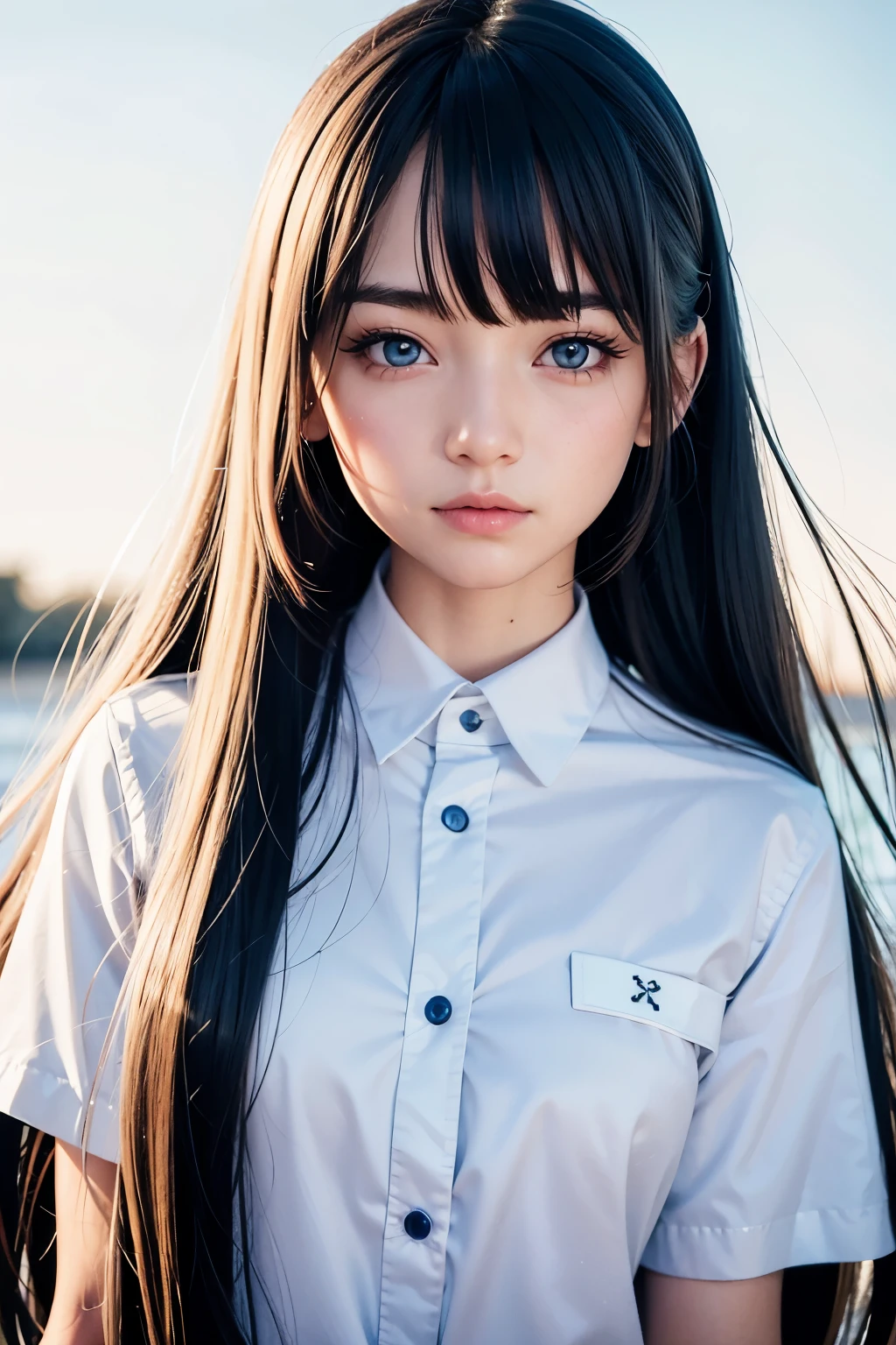 masterpiece, best quality, (realistic, photo-realistic:1.4), (RAW photo:1.2), extremely detailed CG unity 8k wallpaper, delicate and beautiful, amazing, finely detail, official art, absurdres, incredibly absurdres, huge filesize, ultra-detailed, extremely detailed,extremely detailed girl,extremely detailed eyes and face, light on face,little smile,(blue eyes:1.7),long lhair,black hair,pink shirt,pool,park
