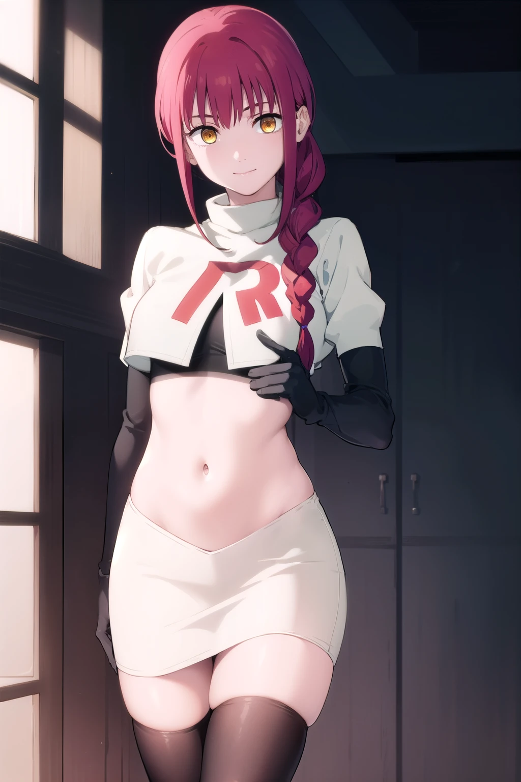 makima, makima, long hair, smile, bangs, small breasts, (yellow eyes:1.2), braid, red hair, braided ponytail, ringed eyes, 
BREAK team rocket,team rocket uniform,white skirt,red letter R,crop top,black thigh-highs,black elbow gloves,
BREAK looking at viewer,
BREAK (masterpiece:1.2), best quality, high resolution, unity 8k wallpaper, (illustration:0.8), (beautiful detailed eyes:1.6), extremely detailed face, perfect lighting, extremely detailed CG, (perfect hands, perfect anatomy),