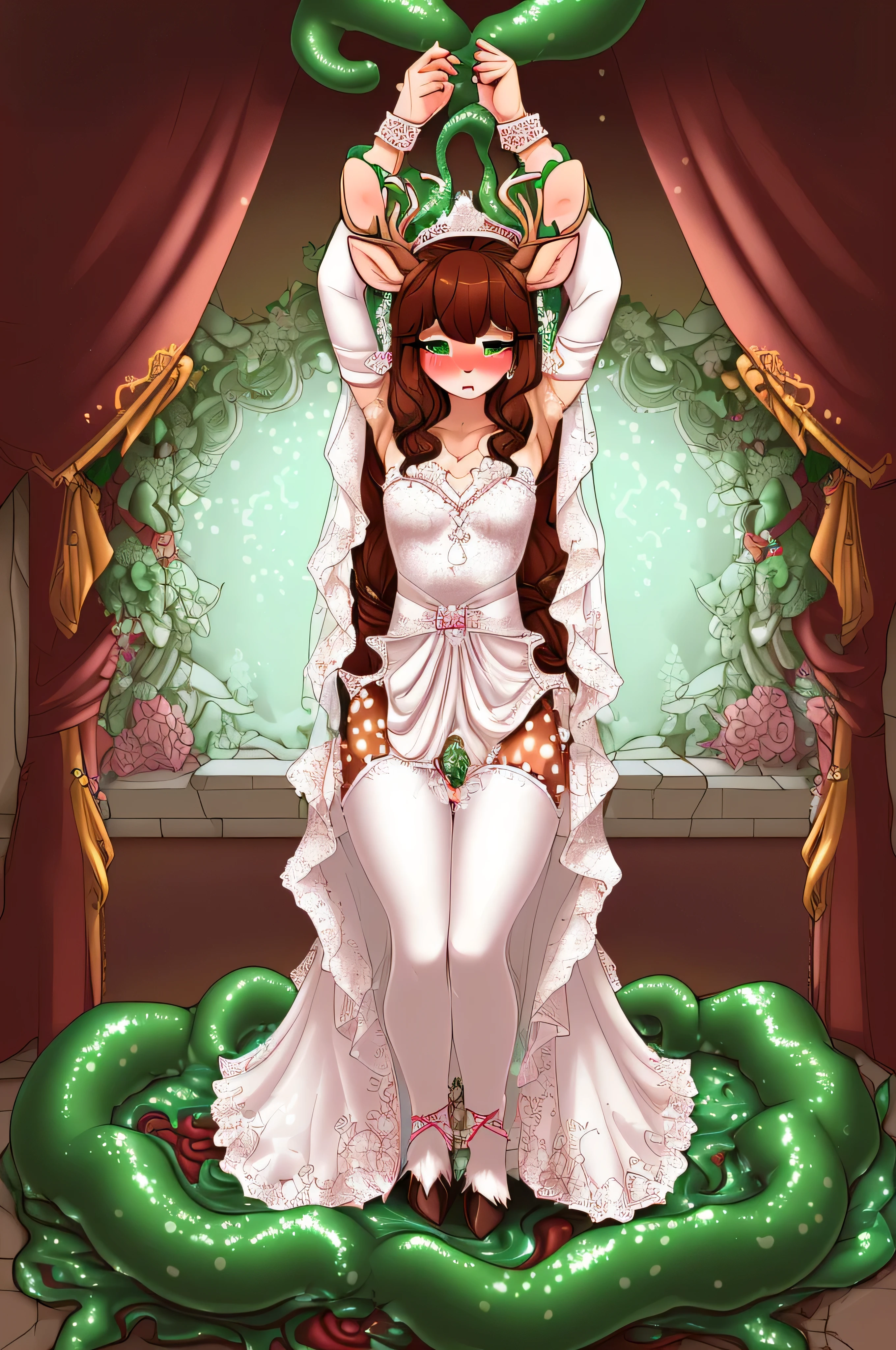 ((extremely detailed CG unity 8k wallpaper)), masterpiece, ultra-detailed, high resolution, nsfw, hentai, (deer girl, faun, anthro, small breasts, slender, , tiny, "absurdly long ornate brown hair with bangs tied low with a ribbon", green eyes, deer ears, princess, bride, wedding dress, white mage, ornate filigree circlet, long silk bridal veil, bridal gauntlets, white lace gloves, [[fluffy deer tail]], [[("ornate white gown with gold embroidery and long open detached sleeves")]], crying, orgasm, pleasure, masturbation, blush, beautiful, innocent, hooves, spotted fur, bare shoulders, deer tail, sex, vaginal penetration. A white lace wedding veil falls to her knees. White silk stockings adorn her legs, running from her thighs to where her hooves begin, and are attached with a garter. Her green eyes are gentle and soft. Her soft brown fur is speckled with white spots. Her white dress is lifted to reveal her ornate white panties, decorated with ribbons. The princess bride has been thrown into a writhing pit full of tentacles. Her arms are suspended over her head, bound by a slimy tentacle. She is hypnotized into submitting to the tentacle monster, violated and fucked under the gaze of a giant glowing eye. A single tentacle extends from the eye to brush against her cheek, forcing her to stare directly into the floating eye monster. More tentacles coil around her frail body, wrapping around her legs, arm, neck, and waist. A tentacle has penetrated her virgin vagina, tearing her hymen as it plunges into her untouched womanhood. Tentacle Sex, defloration, taking virginity, fucking, penetration, sex, arms over head, restrained, 