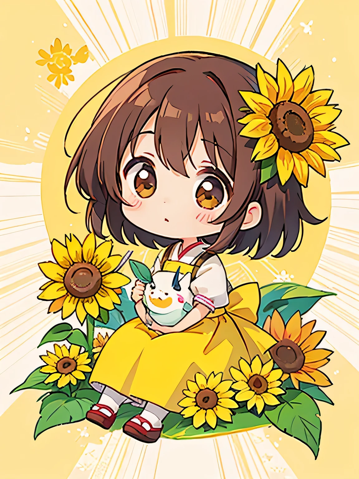 Momoko Sakura style, Kawaii Design, most beautiful girl ever、Chibi, (((many friends)))、sunflower、sun