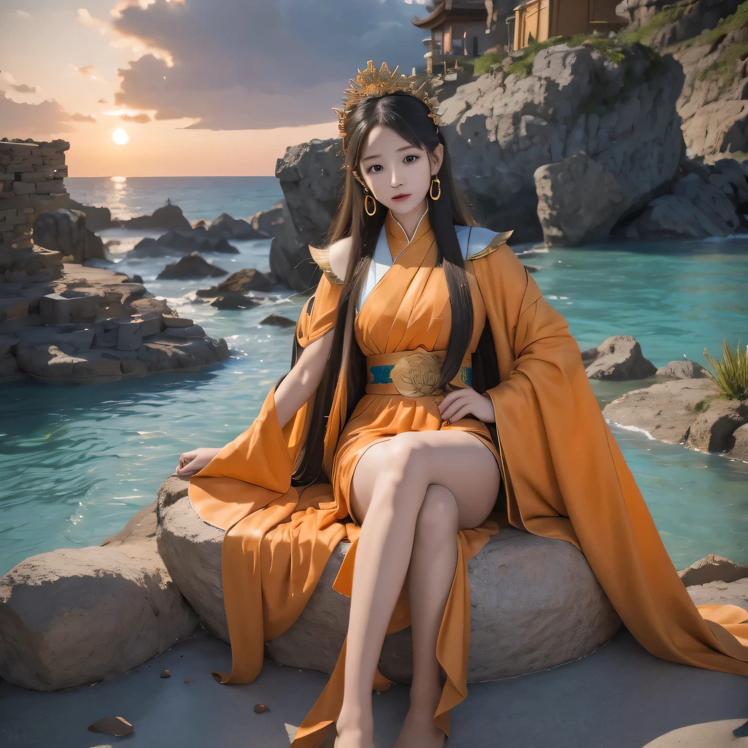  in bright orange chiffon dress sitting on a large 鹿角 statue, queen of the sea mu 奈斯 ling, cinematic, by Super Realism, the dragon girl portrait, Guan Xiaotong fantasy, wl op and ross winter rain, ross netflix drama and crossing, full body, Ross Costume 8k,Hanfujia and art germ, Horse-faced skirt and f international star fan science fiction, 1girl, solo