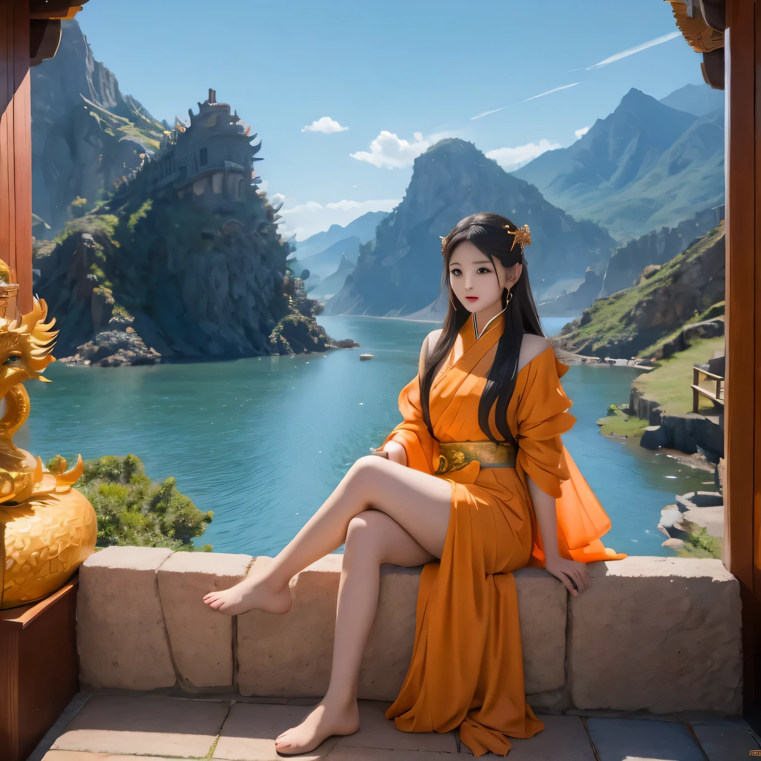 Middle school student in bright orange chiffon dress sitting on a large 鹿角 statue, queen of the sea mu 奈斯 ling, cinematic, by Super Realism, the dragon girl portrait, Guan Xiaotong fantasy, wl op and ross winter rain, ross netflix drama and crossing, full body, Ross Costume 8k,Hanfujia and art germ, Horse-faced skirt and f international star fan science fiction, 1girl, solo