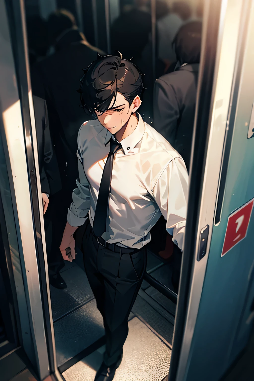 handsome manly short black hair caucasian male in sweat-drenched, soaking wet, drenched with sweat, long-sleeved white shirt with necktie, black pants, black leather shoes, holding a heavy attache case on the right hand, sweating profusely, tired, standing inside the train, the train is crowded with people and passengers 