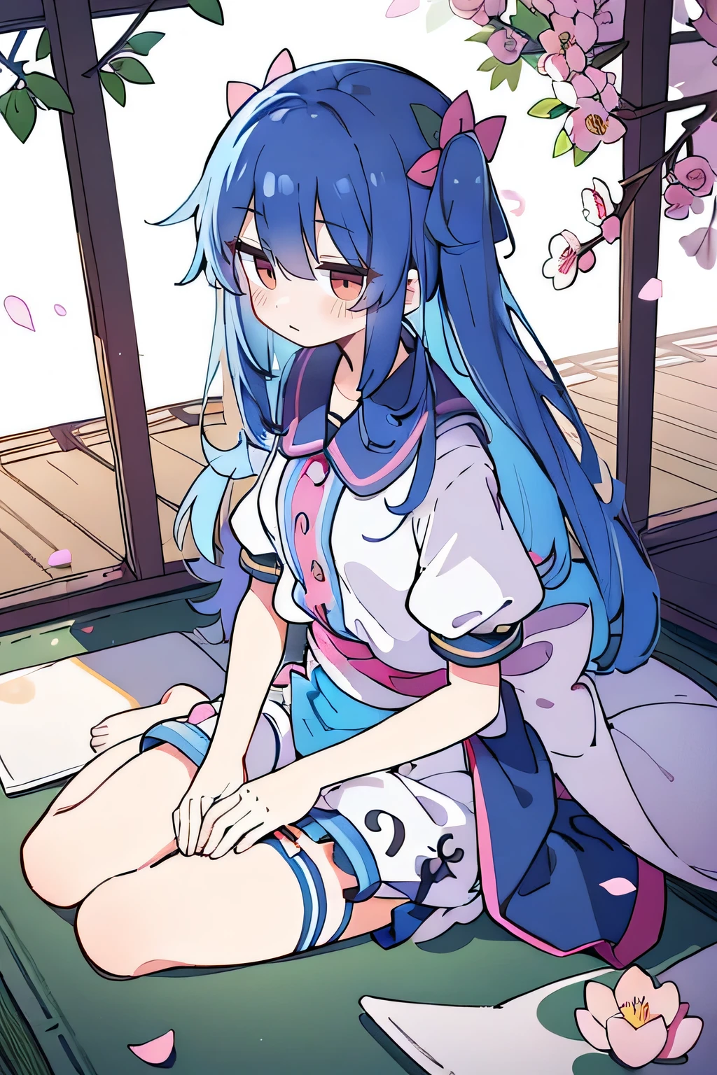 (best quality, masterpiece:1.2), expressive eyes, perfect face, 1 girl, hands on waist, beautiful, gorgeous, Japanese animation, Lola, Hinamori Angel, blue hair, floating clothes, waist grab, waist grab, hands on hips, sitting, sitting on the ground, legs on the ground, flat-chested, falling petals, sitting in a pavilion, pavilion.