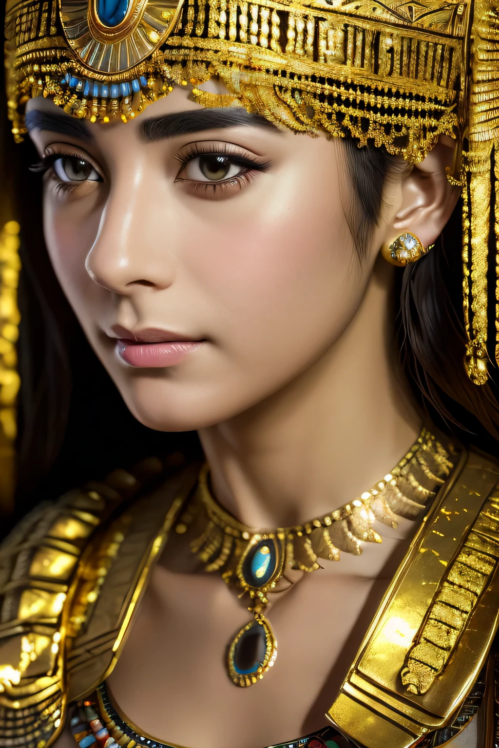 ((最high quality, 8k, Tabletop)), RAW Photos, Photorealistic portrait of Cleopatra, situation々Egyptian attire, Cinematic, detailed, Visually stunning, Natural look、masterpiece, 最high quality, high quality, High resolution、Wearing many gold ornaments