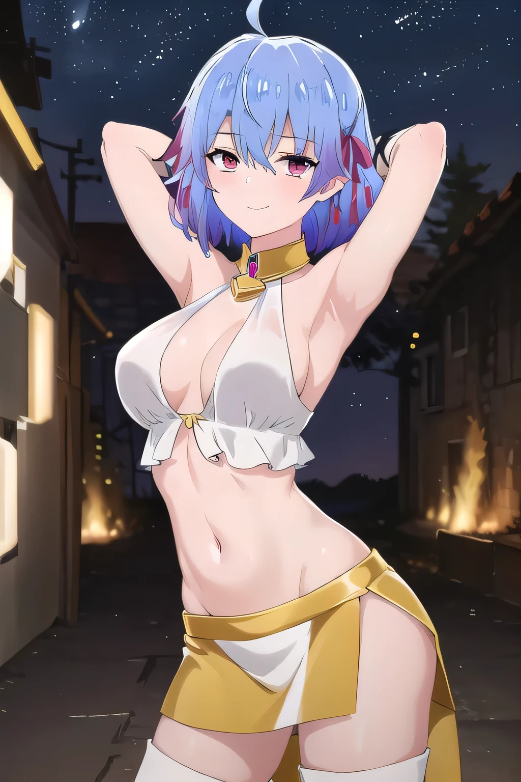 (exceptional, best aesthetic, new, newest, best quality, masterpiece, extremely detailed),Ruti, 1girl, solo, ribbon, hair ribbon, short hair, metal collar, red eyes, blue hair, ahoge, multicolored hair, meme, armlet, gradient hair, collar, jewelry, bangs, parody, armor, expressionless, bare shoulders, solo, night sky, forest, arms behind head, looking at viewer, contrapposto, spread armpits, (cowboy shot:1.5), looking at viewer, hair between eyes, smile,