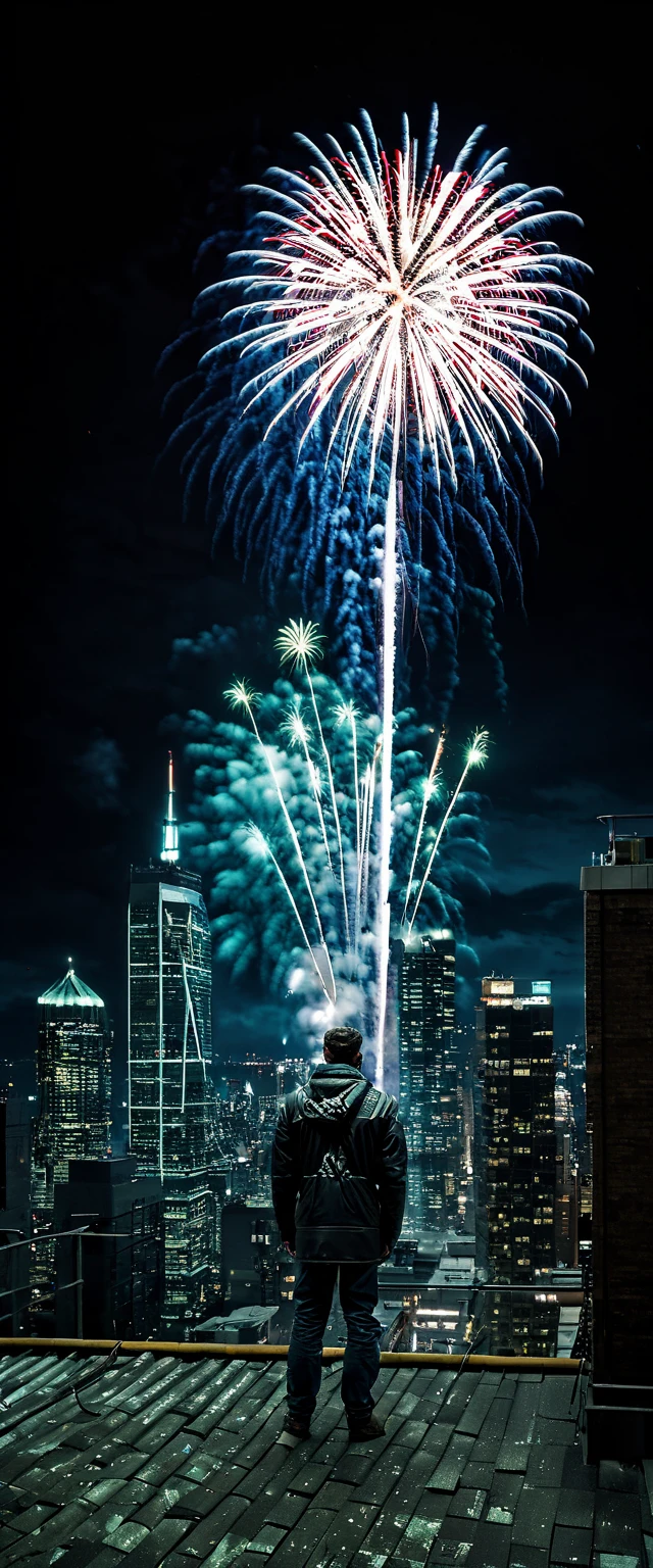 artistic photograph taken by a professional photographer:1.6, awarded by National Geographic:1.7, at night, ((a man standing on a rooftop of a tall building, with his back turned:1.7, watching fireworks:1.6)), high quality image : 1.3, realistic appearance, high resolution photography, 8k, full frame matrix, deep shadows, ((one character)), (intricate details, subsurface scattering, hyper detailed: 1.15), (hyperrealism, volumetric lighting, Sharpness: 1.5) Fujifilm, hyper detailed, vibrant and well-defined lights and shadows)). darkness at night: 1.6, no text: 1.3. 32k.