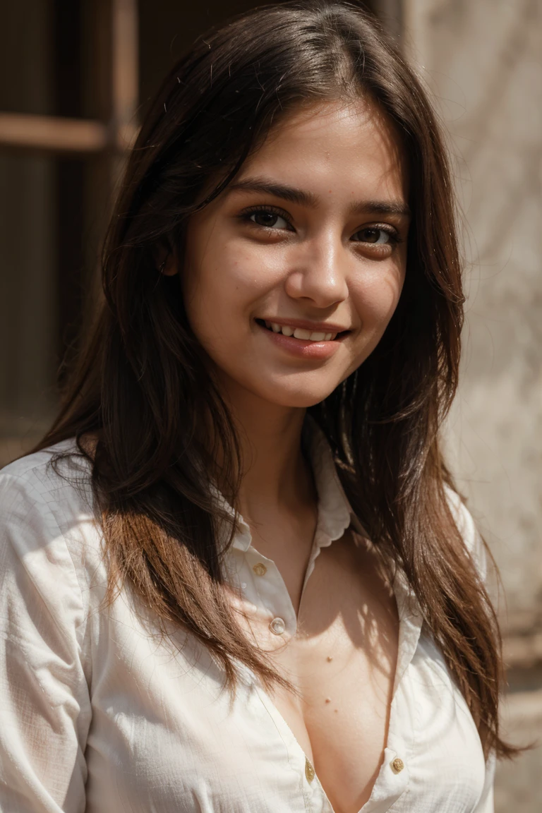 masterpiece, best quality, photorealistic, raw photo, 1girl, long hair, medium breast, collared blouse, light smile, detailed skin, pore, simple background, indian