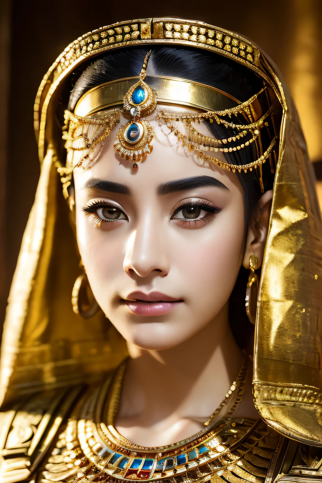 ((最high quality, 8k, Tabletop)), RAW Photos, Photorealistic portrait of Cleopatra, situation々Egyptian attire, Cinematic, detailed, Visually stunning, Natural look、masterpiece, 最high quality, high quality, High resolution、Wearing many gold ornaments、Face close-up、
