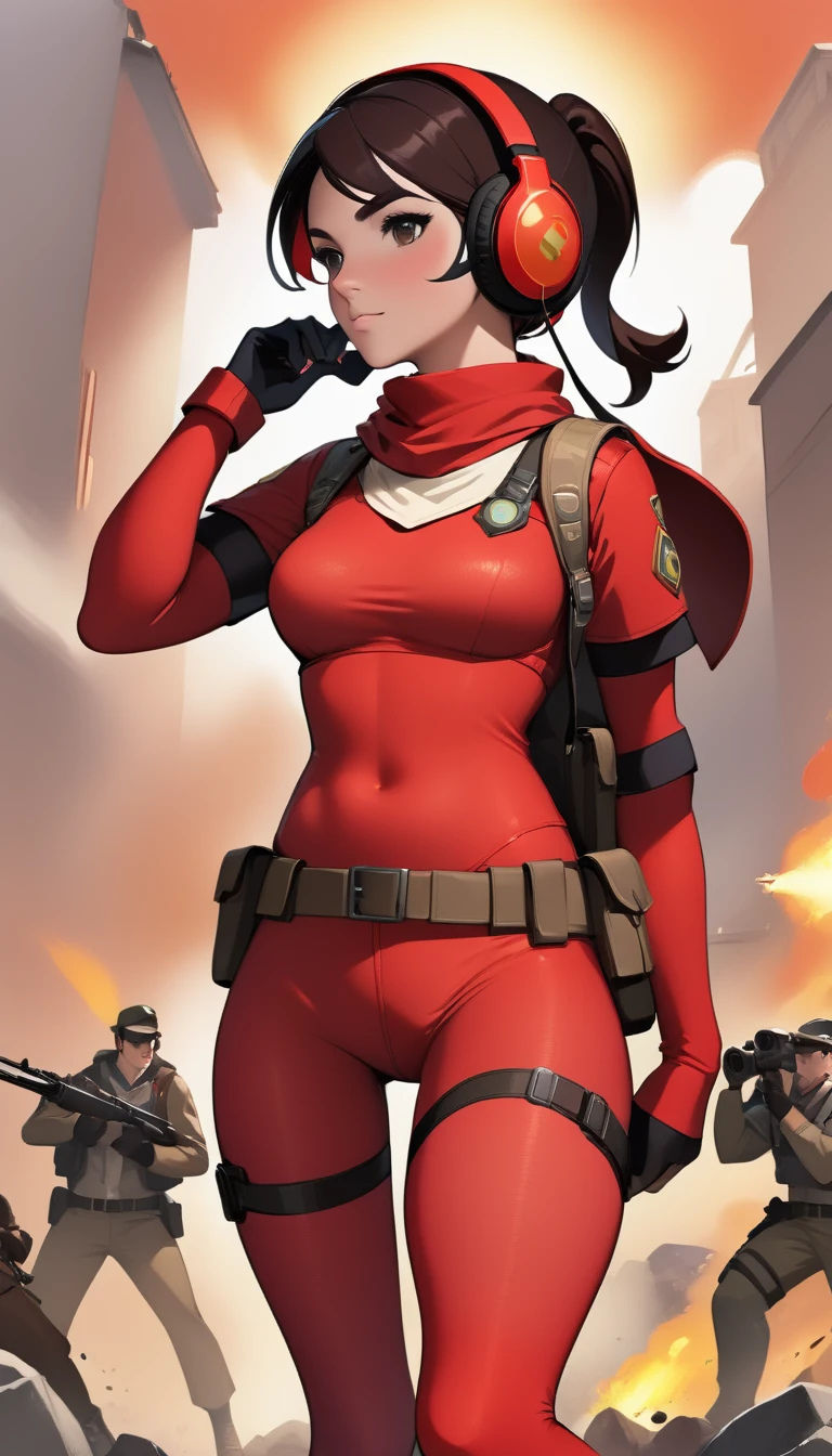 team fortress 2
female scout
Super big breasts
Red tactical tights armor
earphone
full-body shot
