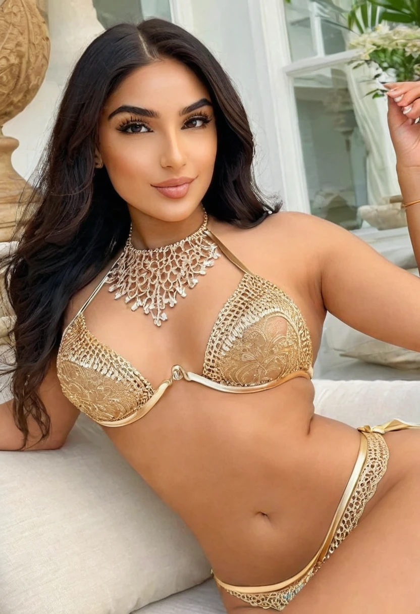 (best high quality:1.2), Work of art, 8k, extremely detailed, (High detail:1.2), ((perfect anatomy in hands)), (Hotlexi woman), Solo, 24 year old Arabian female, ((micro bikini)),