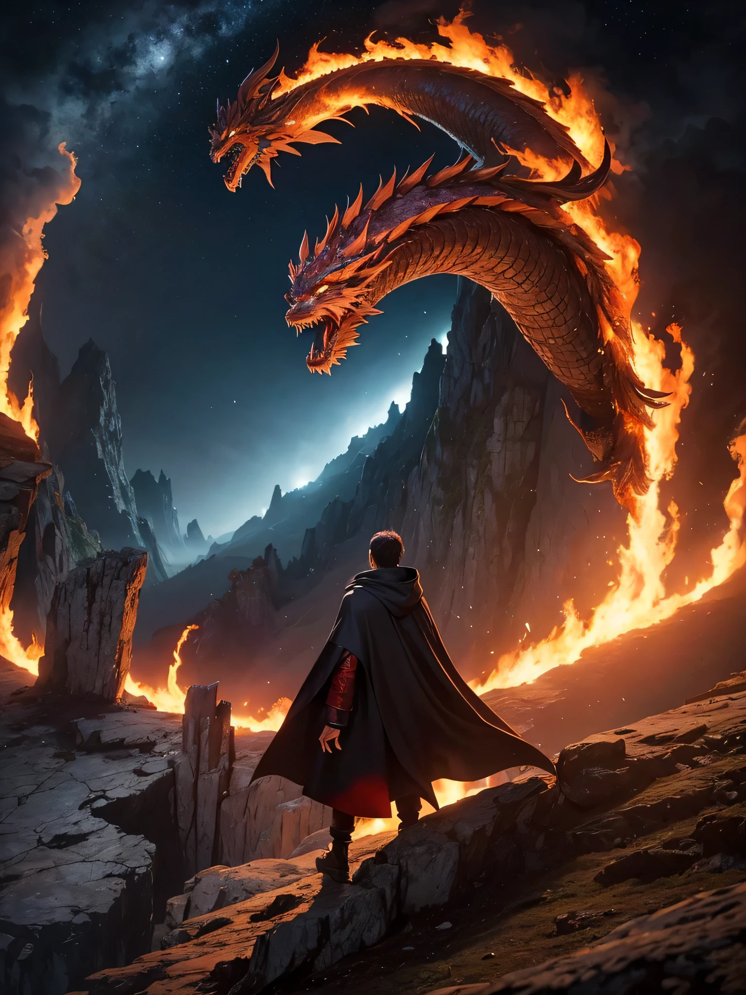 The man in the cloak stands on the edge of a cliff and looks down into the abyss，A huge Chinese dragon sticks its head out from under the abyss，The dragon reveals half of its body，Roaring at the man