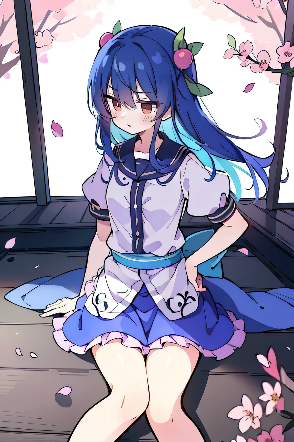 (best quality, masterpiece:1.2), expressive eyes, perfect face, 1 girl, hands on waist, beautiful, gorgeous, Japanese animation, Lola, Hinamori Angel, blue hair, floating clothes, waist grab, waist grab, hands on hips, sitting, sitting on the ground, legs on the ground, flat-chested, falling petals, sitting in a pavilion, pavilion.