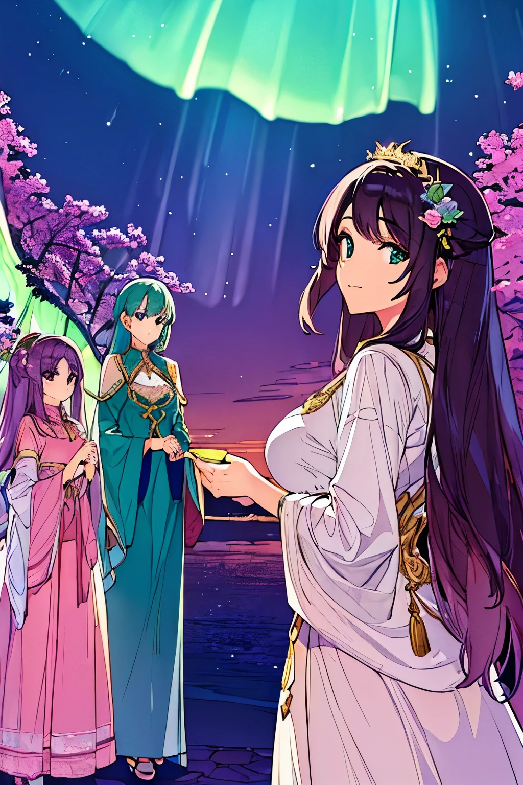 ((( masterpiece ))), (( high quality )), (( high resolution )), (( beautiful detailed eyes )), lunar surface, fantasy, (( three girls )), looking back, wearing sorcerer uniform, (( beautiful sky )), (( aurora ))