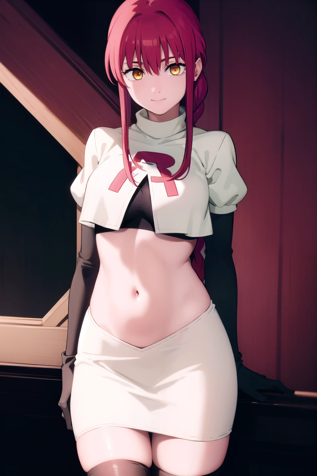 makima, makima, long hair, smile, bangs, small breasts, (yellow eyes:1.2), braid, red hair, braided ponytail, ringed eyes,
BREAK team rocket,team rocket uniform,white skirt,red letter R,crop top,black thigh-highs,black elbow gloves,
BREAK looking at viewer,
BREAK (masterpiece:1.2), best quality, high resolution, unity 8k wallpaper, (illustration:0.8), (beautiful detailed eyes:1.6), extremely detailed face, perfect lighting, extremely detailed CG, (perfect hands, perfect anatomy),