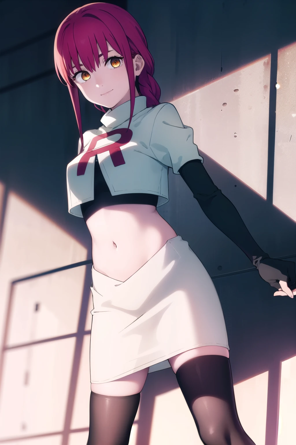 makima, makima, long hair, smile, bangs, small breasts, (yellow eyes:1.2), braid, red hair, braided ponytail, ringed eyes,
BREAK team rocket,team rocket uniform,white skirt,red letter R,crop top,black thigh-highs,black elbow gloves,
BREAK looking at viewer,
BREAK (masterpiece:1.2), best quality, high resolution, unity 8k wallpaper, (illustration:0.8), (beautiful detailed eyes:1.6), extremely detailed face, perfect lighting, extremely detailed CG, (perfect hands, perfect anatomy),