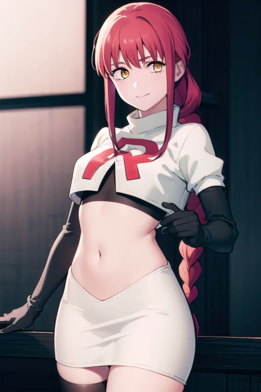 makima, makima, long hair, smile, bangs, small breasts, (yellow eyes:1.2), braid, red hair, braided ponytail, ringed eyes,
BREAK team rocket,team rocket uniform,white skirt,red letter R,crop top,black thigh-highs,black elbow gloves,
BREAK looking at viewer,
BREAK (masterpiece:1.2), best quality, high resolution, unity 8k wallpaper, (illustration:0.8), (beautiful detailed eyes:1.6), extremely detailed face, perfect lighting, extremely detailed CG, (perfect hands, perfect anatomy),